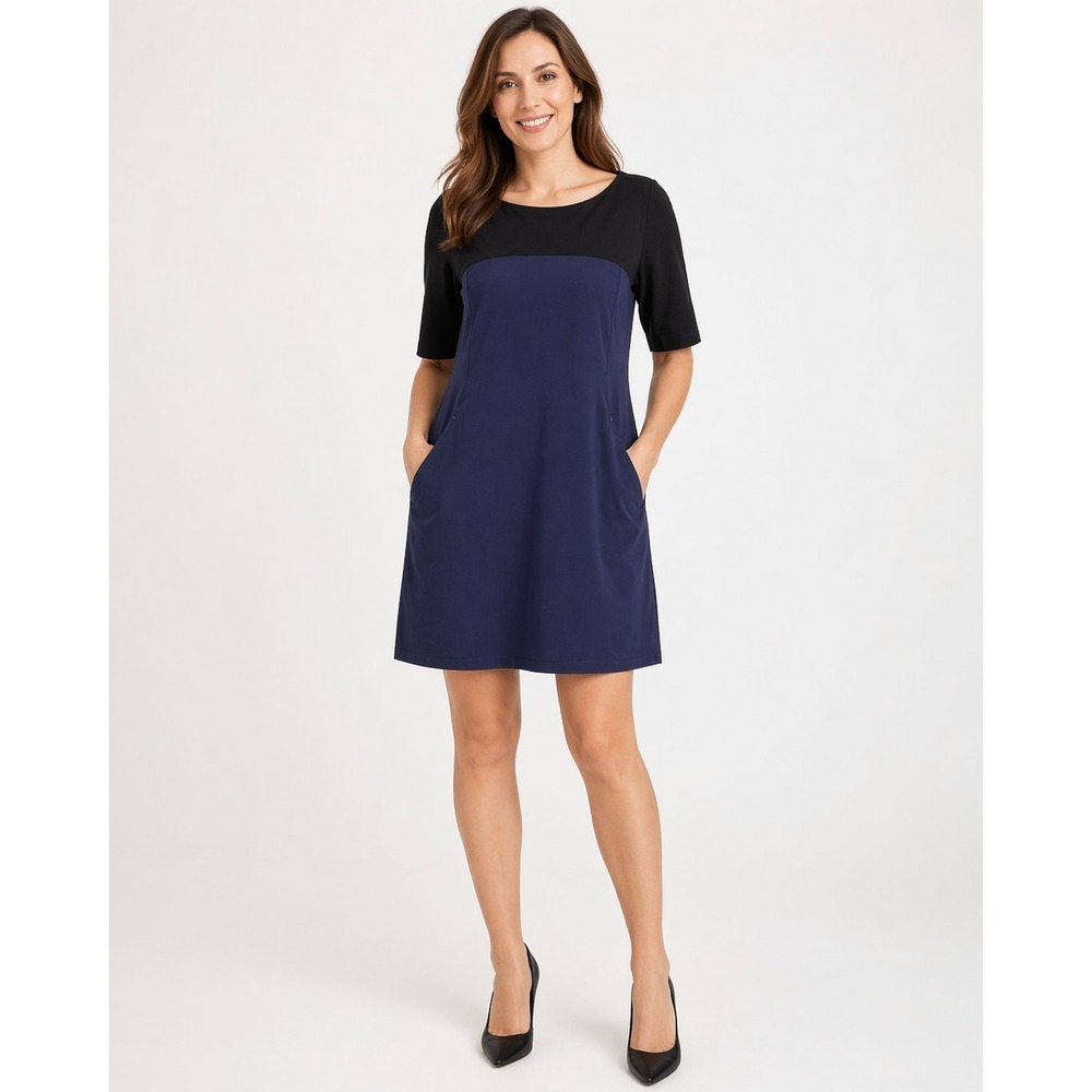 Betabrand Dress Womens Small Blue Black Colorblock Zip Pockets Rayon Nylon